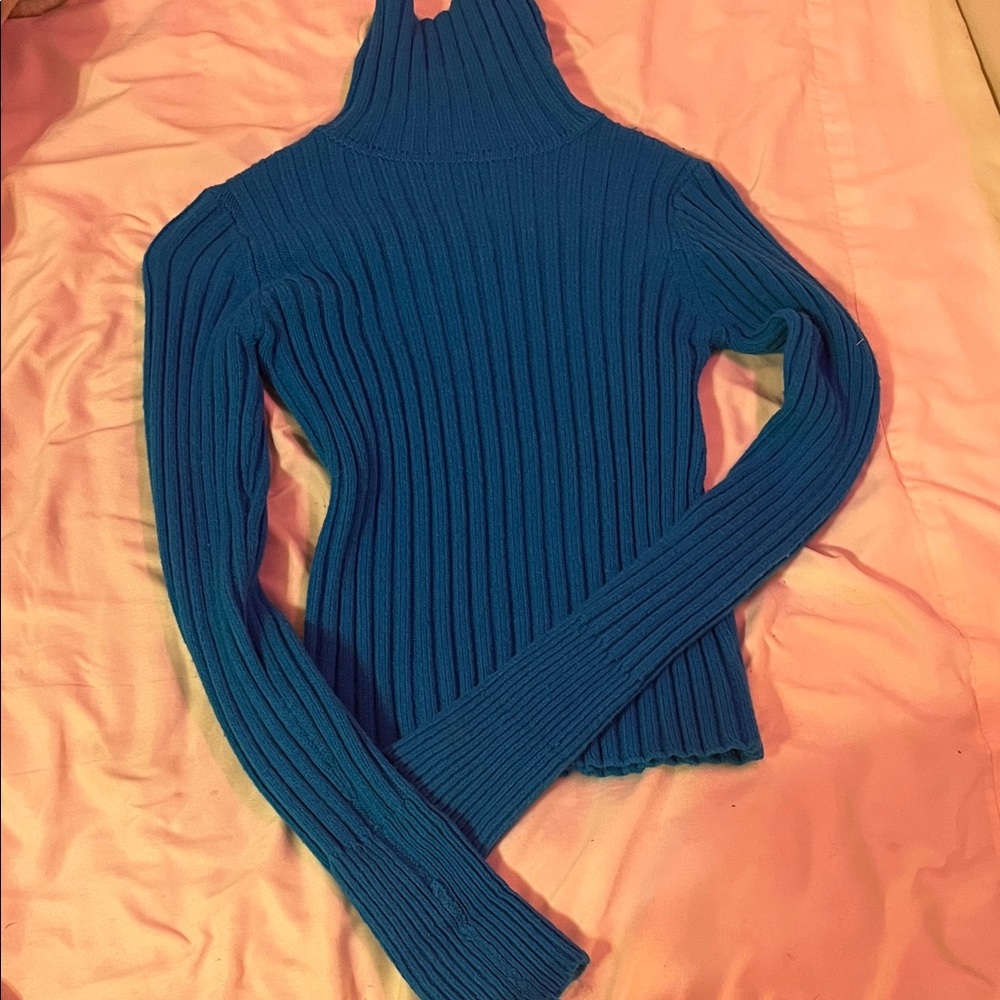 Rave Blue Ribbed Turtleneck Sweater